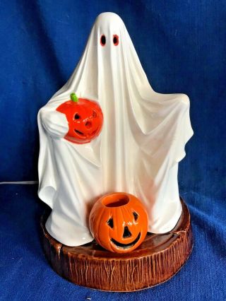 Vintage 1970s Holland/byron Mold Ceramic Ghost W/jack - O - Lantern Light Up Figure
