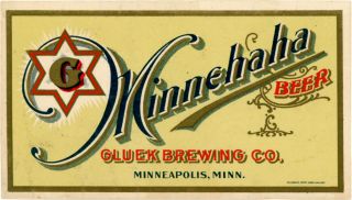Pre - Prohibition Gluek Brewing Company Minnehaha Beer Bottle Label Minneapolis Mn
