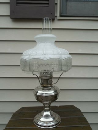 Vintage Plated Aladdin Model 9 Oil Table Lamp With Chimney And Shade