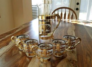 Mid - Century Vtg Gold Gilt Coffee Bar Set Glass Cocktail Pitcher Cup Gold Handle
