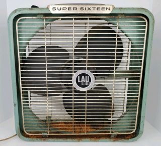 Vintage Lau Sixteen 3 Speed Metal Box Fan Motor Runs Good Heavy Distressed
