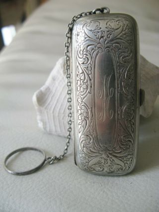 Antique German Silver Floral Chain Watch Fob Compact 3 Coin Holder Case Mm