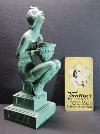 Antique Art Deco Egyptian Revival Vantines Celadon Flapper Incense Burner W/tin