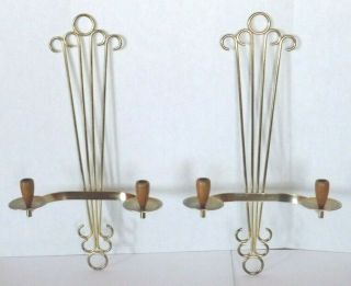 2 Vtg Mid Century Modern Brass Wall Candle Holders Sconce W Teak Wood Cups 25 " H