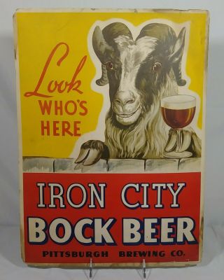 Old Iron City Bock Beer Easel Back Bar Cardboard Display Sign Pittsburgh Pa Goat
