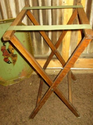 Vintage Wood Folding Luggage Suitcase Rack Stand W/ Tapestry Straps Military?