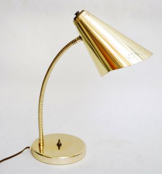 Vintage Mid Century Modern Brass Desk Lamp - Gooseneck Cone Shade Atomic Era