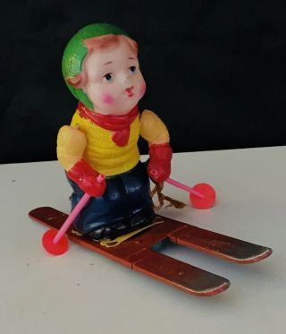 Vintage 1940s Occupied Japan Celluloid Skier On Tin Ski Wind Up Toy N.
