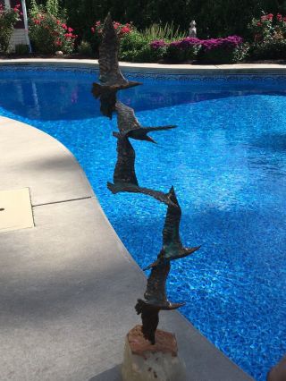 Vintage Brutalist C Jere Birds In Flight 5 Bronze Seagulls Sculpture Quartz Base