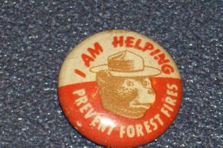 Smokey The Bear " I Am Helping Prevent Forest Fires " Pinback Button 1940 