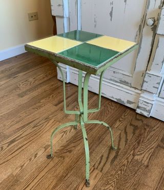 Vintage Mid Century Wrought Iron Small Tile Top Plant Stand Table
