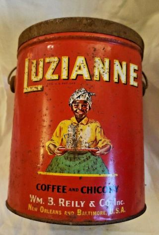 Vintage 1928 3lb Luzianne Coffee & Chicory Tin Can W/ Lid & Handle B