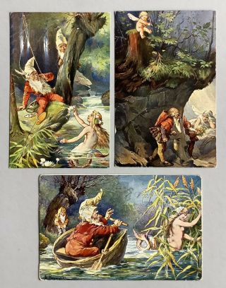 Vintage Fantasy Mermaid Postcards (3) Signed A.  Brunner Mermaids,  Dwarfs,  Fairy