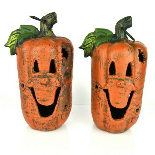 2 Vtg Cast Iron Heavy Jack - O - Lantern Pumpkins Tea Light Candle Holders Halloween