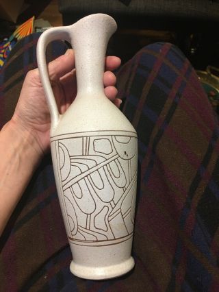 Mid - Century Lapid Israel Pottery Abstract Sgraffito Signed 11” Pitcher Jug White