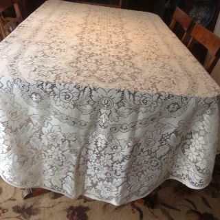 Large Vintage Oblong Quaker Lace Cream Color Tablecloth Floral Design 64x127