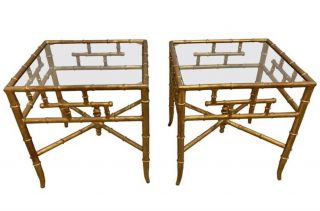 Midcentury Modern Faux Bamboo Chinese Chippendale Gilt End Side Tables