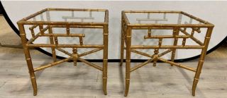Midcentury Modern Faux Bamboo Chinese Chippendale Gilt End Side Tables 2