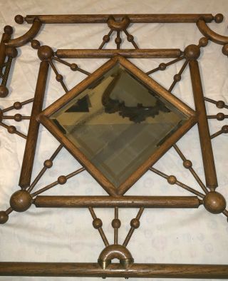 Old Antique Oak Stick And Ball Hat Rack Mirror