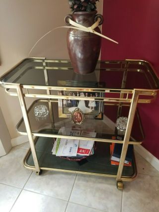3 - Tier Rolling Polished Brass & Smoked Glass Bar Cart