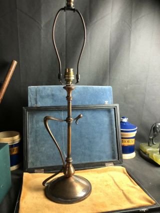 Antique Art Nouveau Lacquered Copper Table Lamp With Ornate Shade Bracket