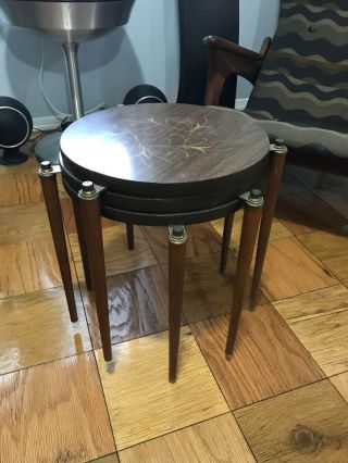 Vintage Mid Century Modern 3 Stacking Cocktail Wood Formica Nesting Tables Mcm