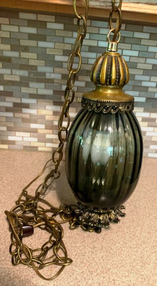 Vintage Retro Green Glass Brass Hanging Pendant Light Swag Lamp Chandelier