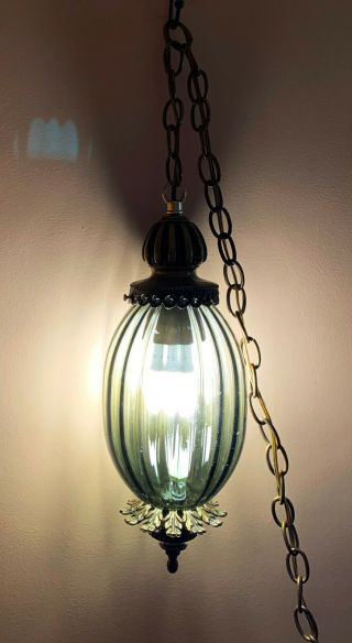Vintage Retro Green Glass Brass Hanging Pendant Light Swag Lamp Chandelier 2