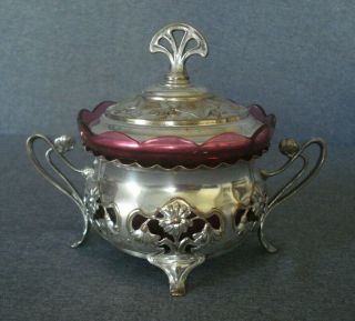 Vintage Art Nouveau Wmf Silver Plated Sugar Bowl With Glass