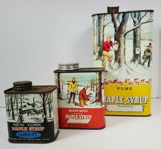 3 Vintage Maple Syrup Tins Cans - Gal Qt Pt Litho Hager 