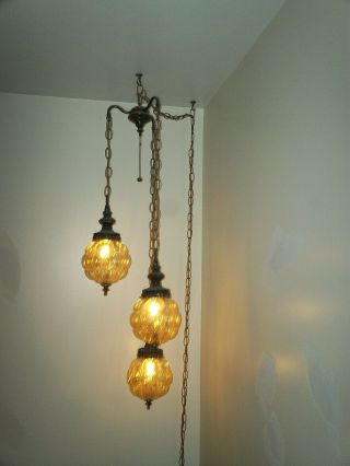 Vintage Mcm Hollywood Regency Amber Glass Hanging Swag Ceiling Light