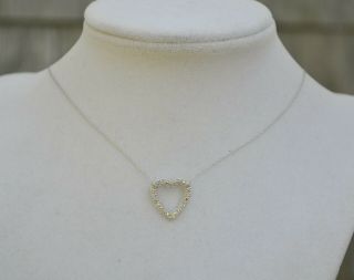 Vintage 10k White Gold & Pave Diamond Open Heart Pendant Necklace Delicate Chain
