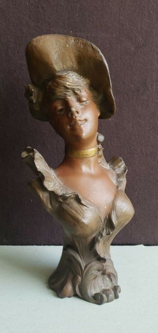 Signed Patinated White Metal Art Noveau Bust Of Young Woman With Hat,  10 "
