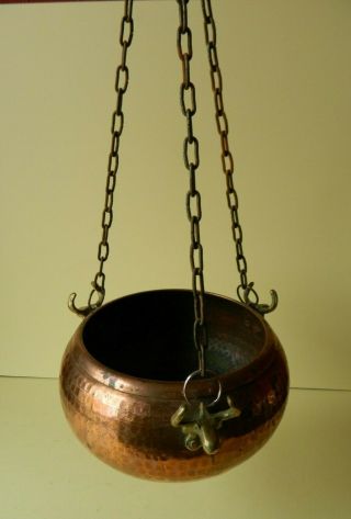 Vintage Arts & Crafts Hammered Copper Hanging Bowl With Brass Moose Heads