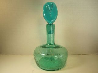 Vtg Blenko Aqua Crackle Glass Bottle With Stopper