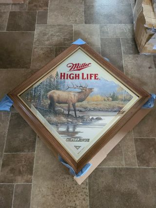 (vtg) Miller High Life Beer Wildlife Series Diamond Elk Wood Frame Mirror
