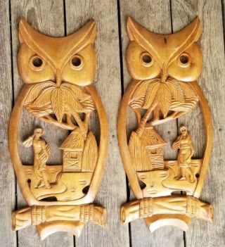 Vintage Mid - Century Polynesian Carved Tiki Bar Wall Art Owls Villagers