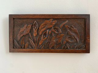 Arts And Crafts Carved Wood Panel Of Lillies - C1880