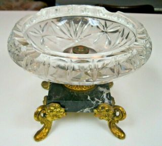 Vintage Mid - Century Crystal Marble & Brass Pedestal Base Ashtray Italy
