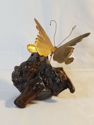 Butterfly Brass On Burl Wood / Metal Art Sculpture Signed By Artist Vintage