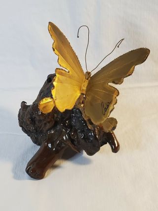 Butterfly Brass on Burl Wood / Metal Art Sculpture signed by artist Vintage 2