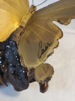 Butterfly Brass on Burl Wood / Metal Art Sculpture signed by artist Vintage 3