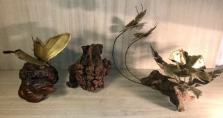 Vintage•butterflies•brass On Burl Wood•brutalist•metal Art Sculpture•mid Century