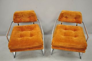 Pair Carson ' s Mid Century Modern Milo Baughman Chrome Orange Lounge Chairs (B) 2
