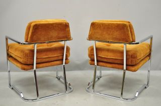 Pair Carson ' s Mid Century Modern Milo Baughman Chrome Orange Lounge Chairs (B) 3