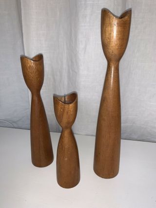 Vintage Mid Century Modern 1960’s Eames Danish Wooden Candlesticks Set Of 3
