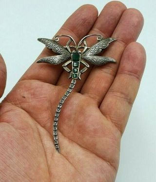 Large Vintage Solid Silver Marcasite Dragonfly Brooch