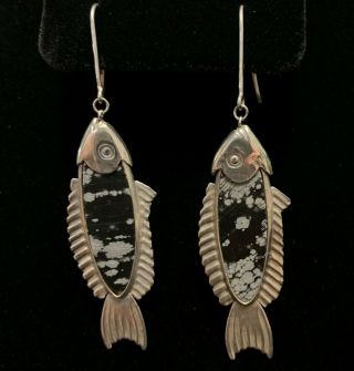 Vintage Estate Sterling Silver & Snowflake Obsidian Fish Dangle Earrings 2 7/8 "