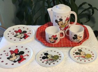 Vintage Walt Disney Mickey And Minnie Mouse 8 - Piece Tea Set With Metal Tray