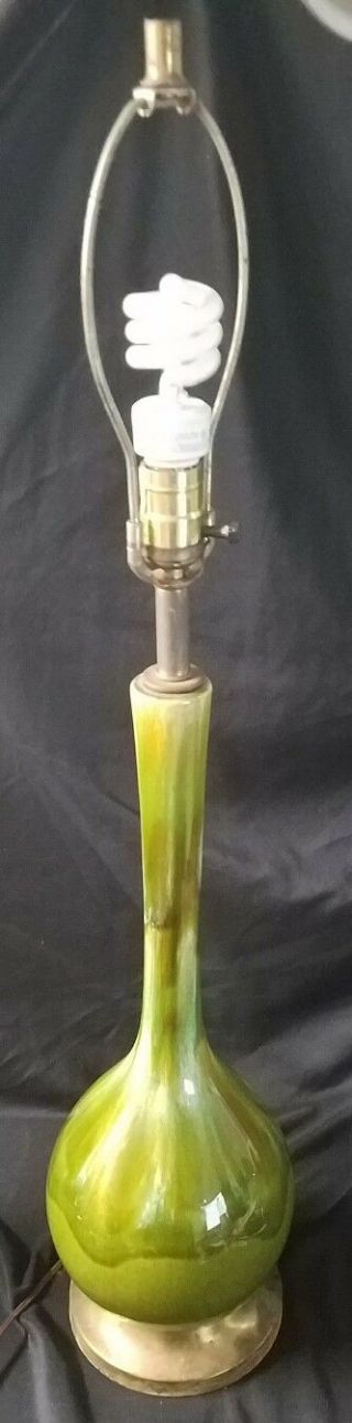 Mid Century Modern Drip Glaze Lamp In Green Tones Brass Base 33.  5 " Tall